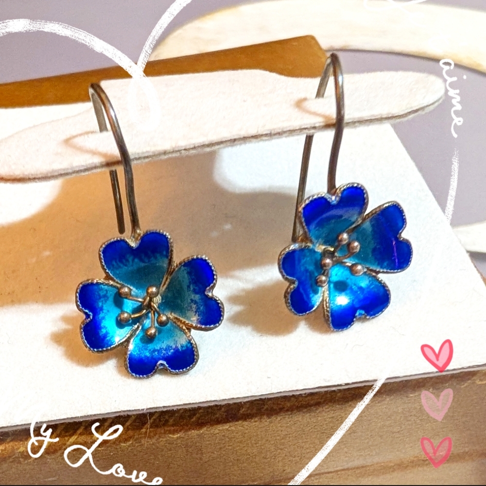 RARE Vintage Mint Sterling Guilloche Enamel Designer Signed Earrings